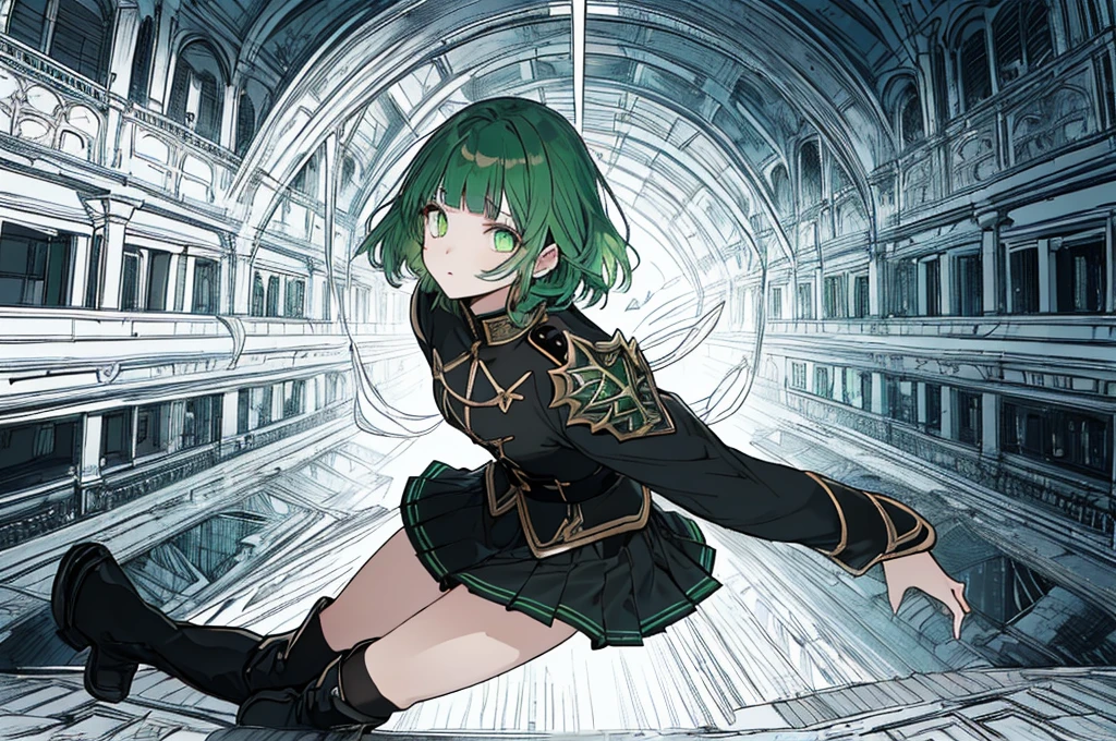 [(with a cathedral background:1.4)::5],original,(shape:1.1),(highest quality),(Tabletop:1.1),(Highly detailed CG Unity 8k wallpaper:1.1), (colorful:0.9),(Mid Shot:0.95),(very detailed beautiful whole body),Dynamic Angle,(alone:1.2), (girl),(((Adult))), (Beautiful eyes in every detail:1.15), (Beautiful Face:1.15), (Glowing green eyes:1.25////),(Gemstone Eyes),(Green Short Hair),(Blunt bangs),((The girl wear a black knight uniform)),Realistic,, girl,Green Hair,((Black long boots)), Black mini skirt,Black knee socks(rage),(Contempt and contempt),rage,(beautiful slender girl),((Adult)),((whole body)),Valkyrie, Decorations,((Thin legs)),((slender girl)),Front Angle,Front Angle,