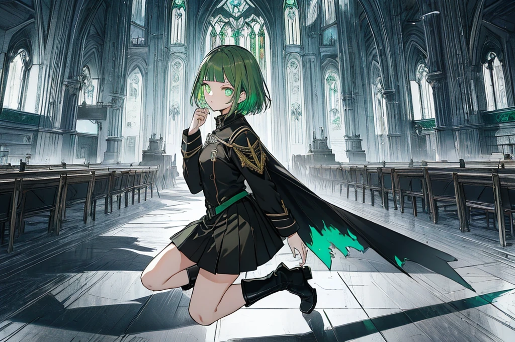[(with a cathedral background:1.4)::5],original,(shape:1.1),(highest quality),(Tabletop:1.1),(Highly detailed CG Unity 8k wallpaper:1.1), (colorful:0.9),(Mid Shot:0.95),(very detailed beautiful whole body),Dynamic Angle,(alone:1.2), (girl),(((Adult))), (Beautiful eyes in every detail:1.15), (Beautiful Face:1.15), (Glowing green eyes:1.25////),(Gemstone Eyes),(Green Short Hair),(Blunt bangs),((The girl wear a black knight uniform)),Realistic,, girl,Green Hair,((Black long boots)), Black mini skirt,Black knee socks(rage),(Contempt and contempt),rage,(beautiful slender girl),((Adult)),((whole body)),Valkyrie, Decorations,((Thin legs)),((slender girl)),Front Angle,Front Angle,