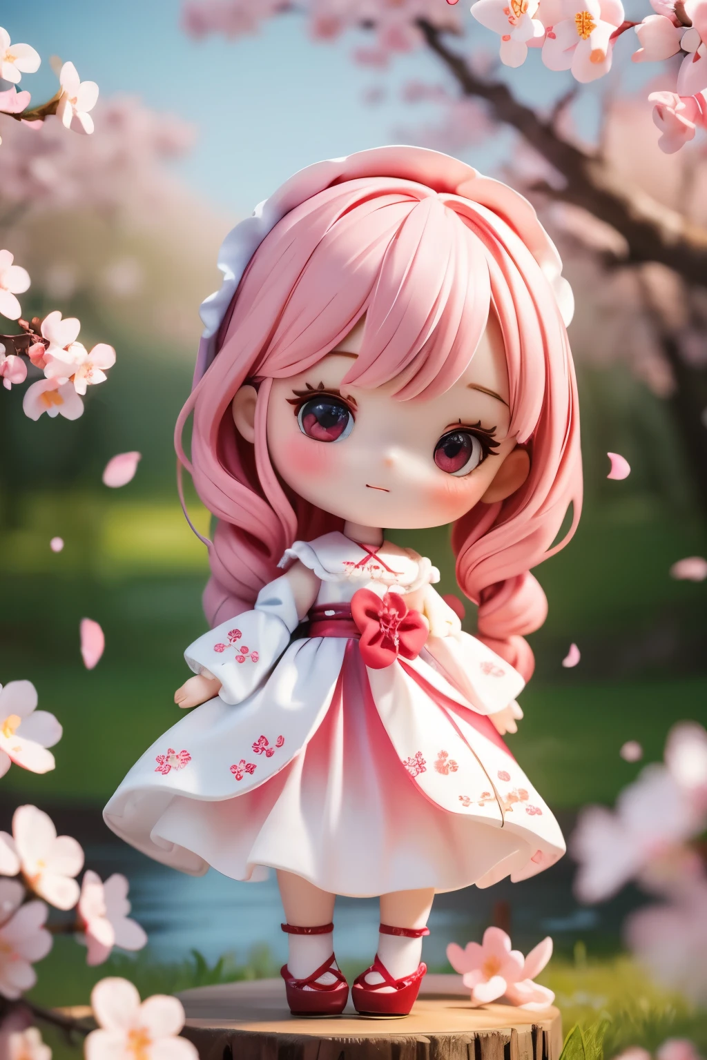 Porcelain doll standing in front of a painting、Casual Fashion、(Highly detailed illustration)、Flowing cherry-colored silk、Cherry blossom petals、Flowing cherry blossom silk、Strong bokeh、Changing Seasons!!