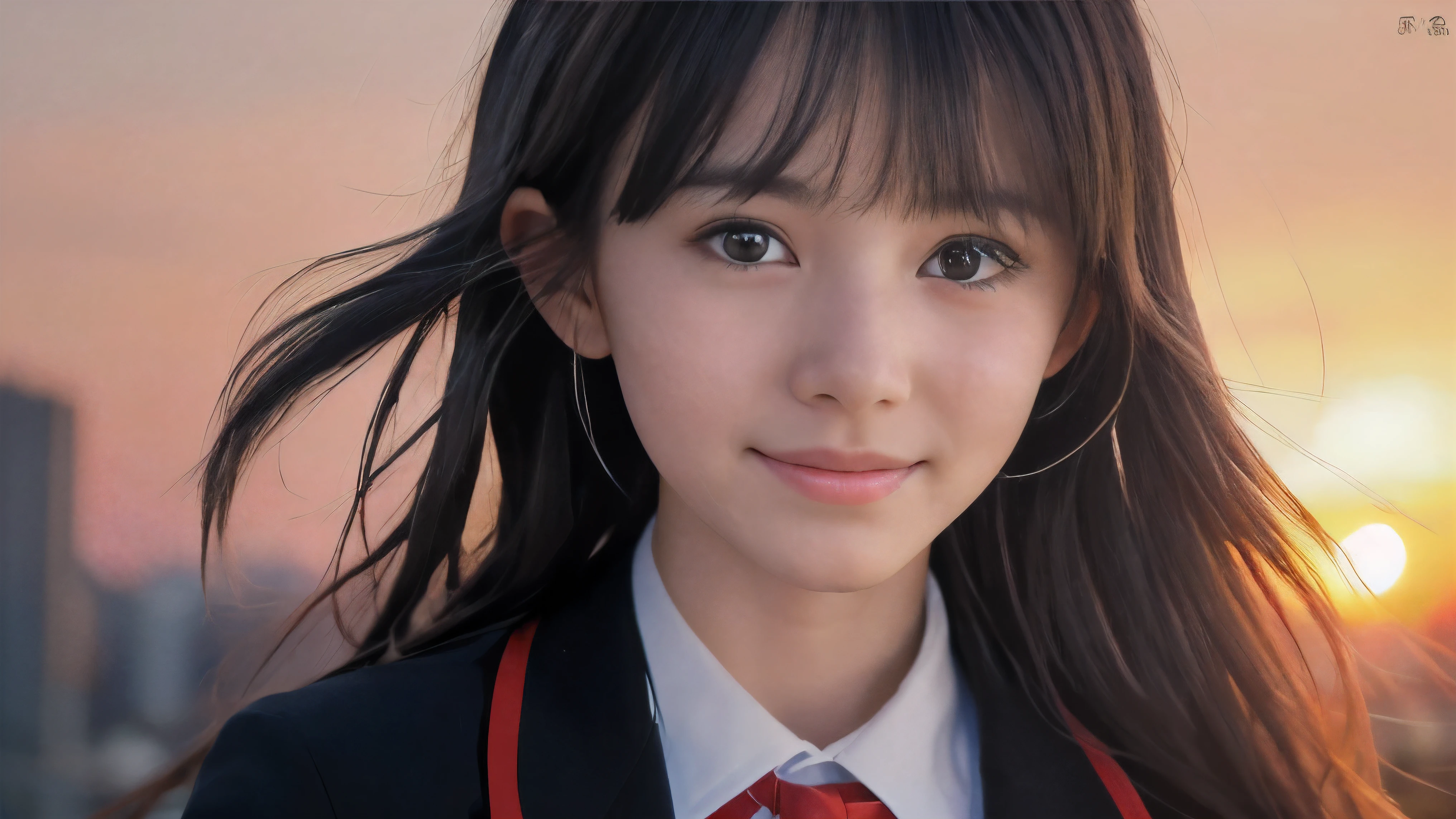 (Close up face shot of one slender small breasts two side up black medium hair bangs girl with crying little smile face in long sleeves black school uniform:1.5)、(One girl is facing at sunset red sky with her face is reflected sunset light and her hair is blowing in long sleeves black school uniform:1.5)、(Beautiful red sunset sky at skyscraper city landscape:1.5)、(8k ultra detailed master piece:1.5)、(perfect anatomy:1.5)、(Photorealistic stick:1.5)、(Raw photo:1.3)、(highest quality:1.5)、(High resolution:1.3)、(Delicate and beautiful perfect face:1.3)、(Delicate and beautiful eye air skin:1.3)、(Real Human Skin:1.3)、((thin legs))