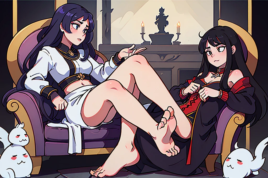a haughty woman sits on an upholstered armchair, her posture exuding an air of unquestionable superiority. she stretches out one leg, leaving her bare foot exposed for all to see. a look of contempt, like that of a disdainful queen with icy indifference. her eyes convey a clear message: she knows she reigns at the top of the social hierarchy and demands recognition of her greatness. in the low-angle foreground, the foot with its 5 toes is offered with admiration mixed with desire and devotion. Foot fetishism takes on an almost sacred dimension in her presence. Her foot, displayed as an object of supreme desire, becomes a symbol of power and domination. In this haughty posture, she embodies the very essence of power and domination, reigning as uncontested mistress over her realm of desires and fantasies, offering her foot as an object of veneration and submission. And thanks to the low-angle effect, the view of the haughty woman's feet further accentuates her imposing domination and disdainful attitude, intensifying the contrast between her perceived grandeur and those who gaze at her with respect and fascination.