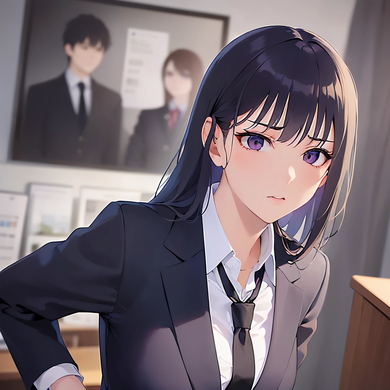 side angle, (looking away:1.5), Upper Body, Realistic, real person, (pale skin: 1.2), RAW photo, photorealistic, shiny skin, shiny hair、(A 25-year-old woman with straight hair and bangs) and (medium hair) and (black hair) and (purple eyes) , (business suit:1.5) and (white collared shirt)、Expressionless, The background is the office、Alone、Are standing