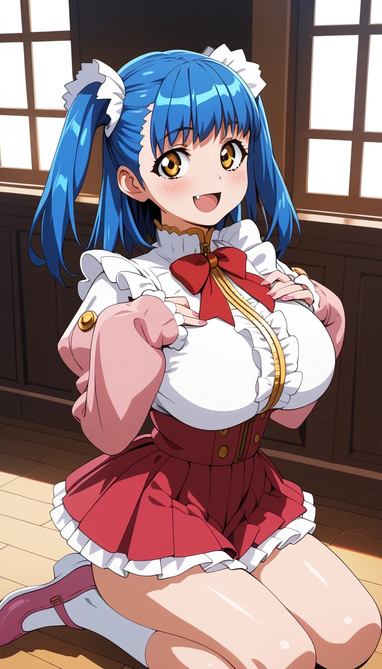 (Tuile(gravion),huge breasts,blue hair,yerrow eyes,twintail,two side up),(white shirt,red waist ribbon,gold zipper,white frill,red ribbon,white edge pink mini skirt,Pink sleeves,Pink Shoes、White socks),official art,smile,blush,open mouth,fang