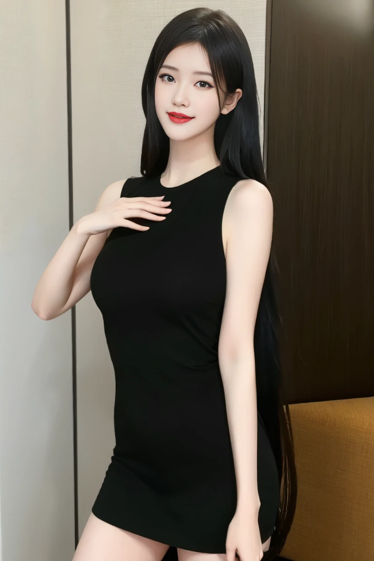  ulzzang-6500-v1.1,(raw photo:1.2),((photorealistic:1.30)), ((best quality)) ,((masterpiece)),((Ultra High Resolution)), ((Clear View)),,Ultra-high resolution,Clear face,（Reality：1.4) ,  illustration, an extremely delicate and beautiful, extremely detailed ,CG ,unity ,8k wallpaper, Amazing, finely detail, masterpiece,best quality,official art,extremely detailed CG unity 8k wallpaper,absurdres, incredibly absurdres, huge filesize, ultra-detailed, highres, extremely detailed,beautiful detailed girl, extremely detailed eyes and face, beautiful detailed eyes,light on face,cinematic lighting, 1girl, 独奏, long hair, black hair, hair ornament, jewelry, Earring, Blue eyes, Double eyelids, blush, sharp nose, Red nose, smile, dress, black dress, standing, upper body,