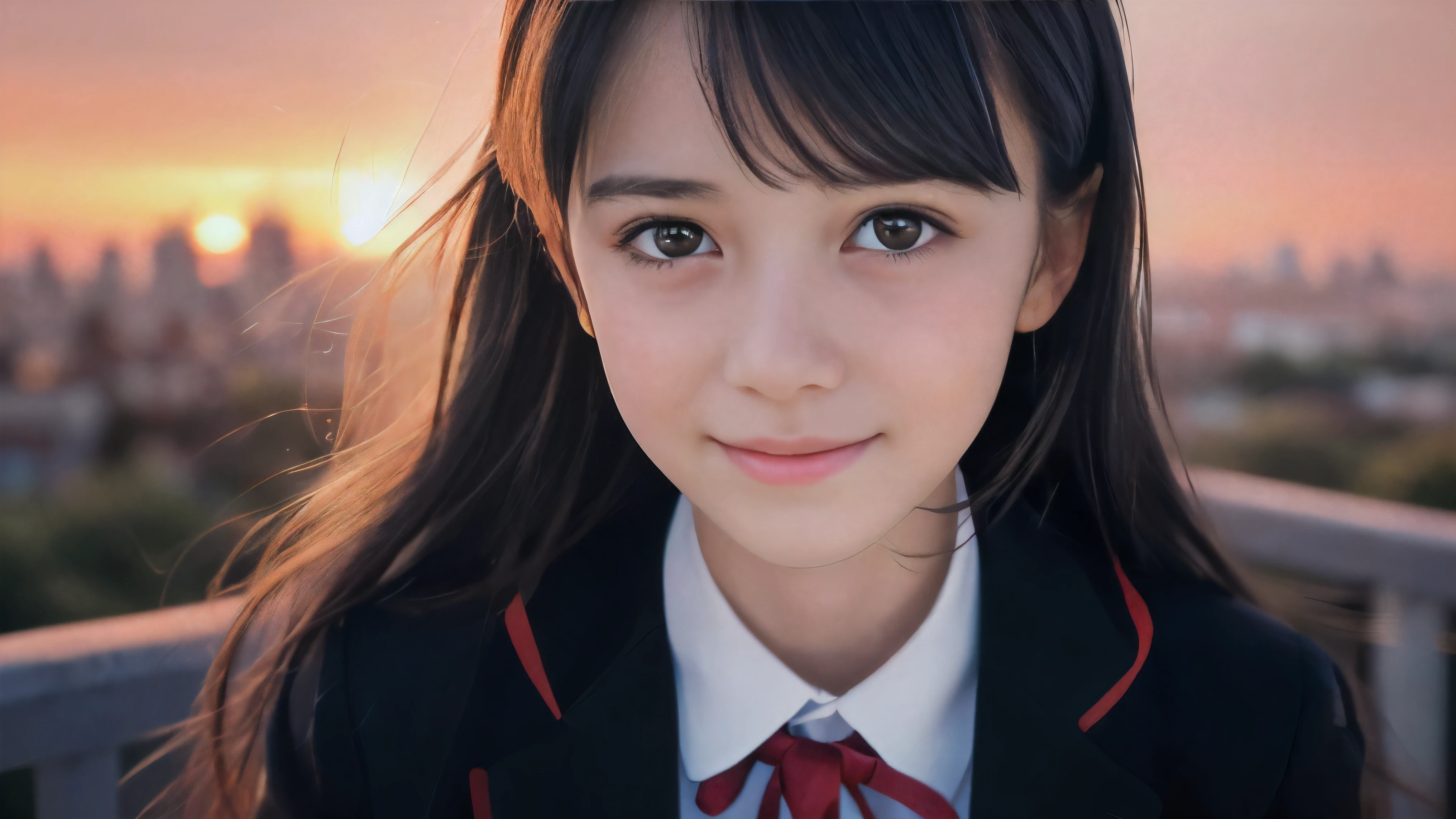 (Close up face shot of one slender small breasts two side up black medium hair bangs girl with crying little smile face in long sleeves black school uniform:1.5)、(One girl is facing at sunset red sky with her face is reflected sunset light and her hair is blowing in long sleeves black school uniform:1.5)、(Beautiful red sunset sky at skyscraper city landscape:1.5)、(8k ultra detailed master piece:1.5)、(perfect anatomy:1.5)、(Photorealistic stick:1.5)、(Raw photo:1.3)、(highest quality:1.5)、(High resolution:1.3)、(Delicate and beautiful perfect face:1.3)、(Delicate and beautiful eye air skin:1.3)、(Real Human Skin:1.3)、((thin legs))