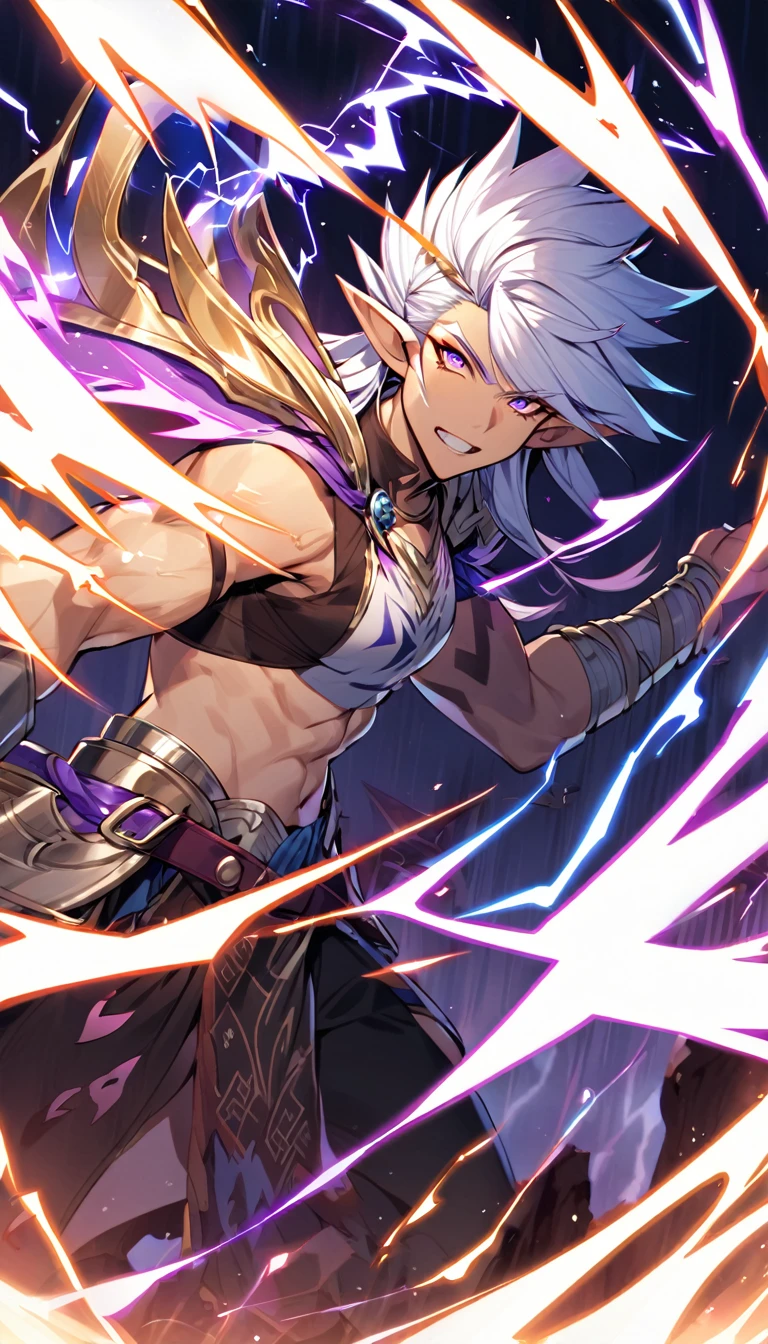 A high elf barbarian with lightning magic