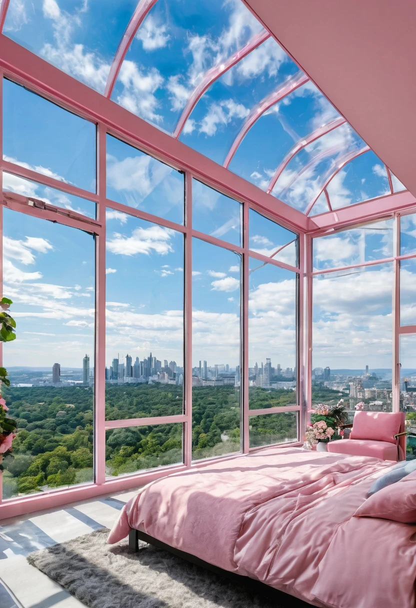 8K HD，3:4 scale size pictures，Portrait orientation photos，Vertical photo，Blue sky and white clouds，Glass House，Glass House，There is a big pink bed in the room，There is a table here，TV，There is a bookcase，Pink Curtains，Large glass windows all around，Overlooking the panoramic view，The most important thing is to have a big bed，Outside the window is the city scenery and tall buildings