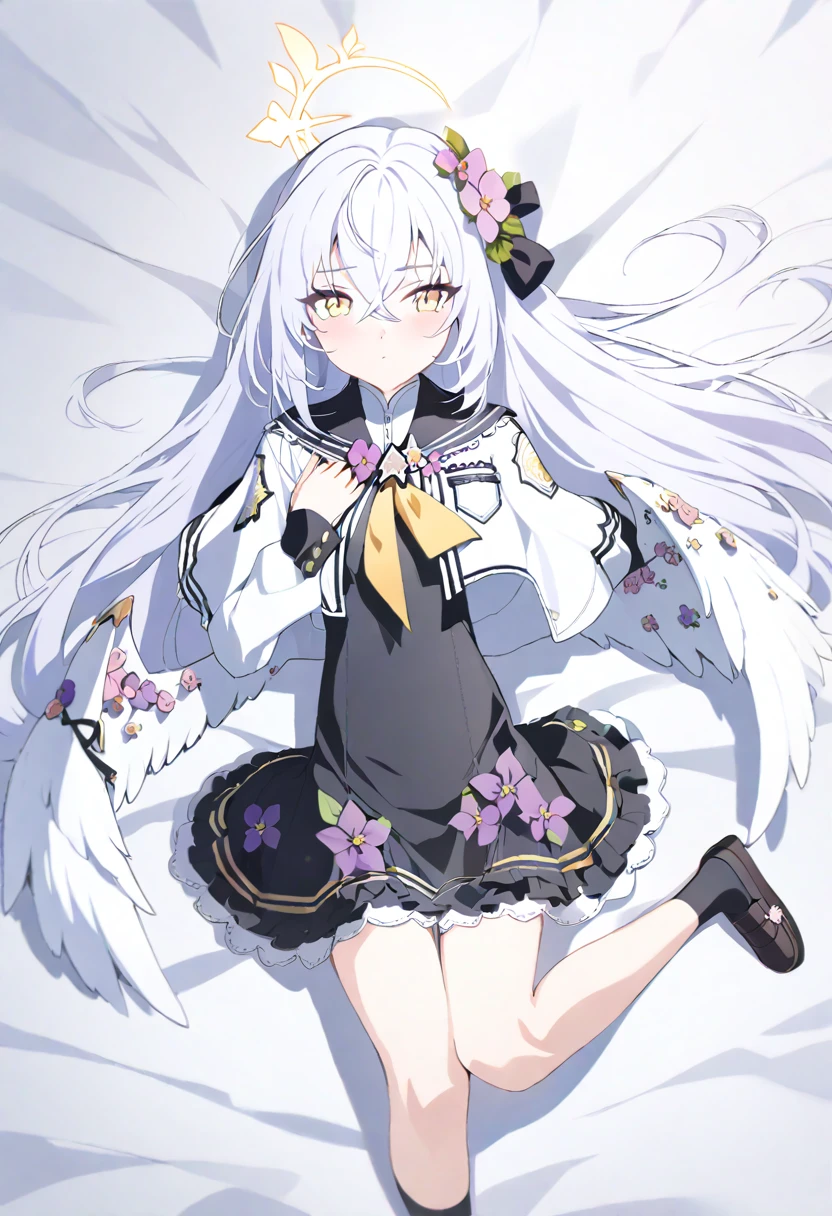 azusa \(blue archive\), 1girl ahoge bed_sheet black_ribbon black_sailor_collar black_socks blush cropped_jacket crossed_bangs dress flower frilled_dress frills from_above full_body hair_flower hair_ornament hair_ribbon halo hand_on_own_chest jacket long_hair long_sleeves looking_at_viewer lying neckerchief on_back ribbon sailor_collar shoes socks unworn_shoes white_jacket white_wings wings yellow_neckerchief