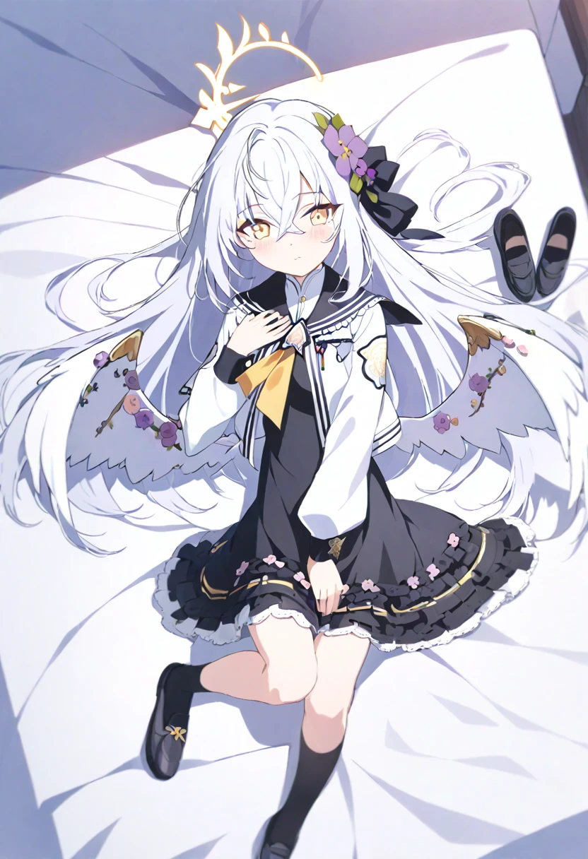 azusa \(blue archive\), 1girl ahoge bed_sheet black_ribbon black_sailor_collar black_socks blush cropped_jacket crossed_bangs dress flower frilled_dress frills from_above full_body hair_flower hair_ornament hair_ribbon halo hand_on_own_chest jacket long_hair long_sleeves looking_at_viewer lying neckerchief on_back ribbon sailor_collar shoes socks unworn_shoes white_jacket white_wings wings yellow_neckerchief