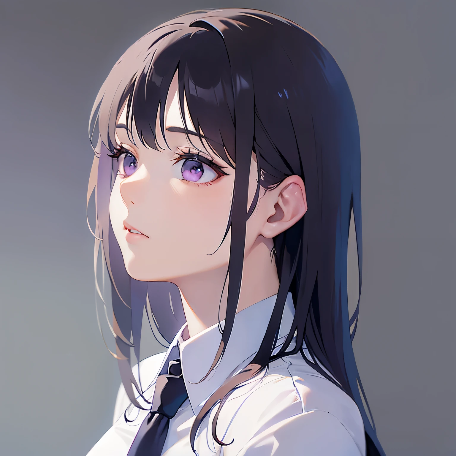 side angle, (looking away:1.5), Upper Body, Realistic, real person, (pale skin: 1.2), RAW photo, photorealistic, shiny skin, shiny hair、(A 25-year-old woman with straight hair and bangs) and (medium hair) and (black hair) and (purple eyes) , (business suit:1.5) and (white collared shirt)、Expressionless, The background is the office、Alone、Are standing