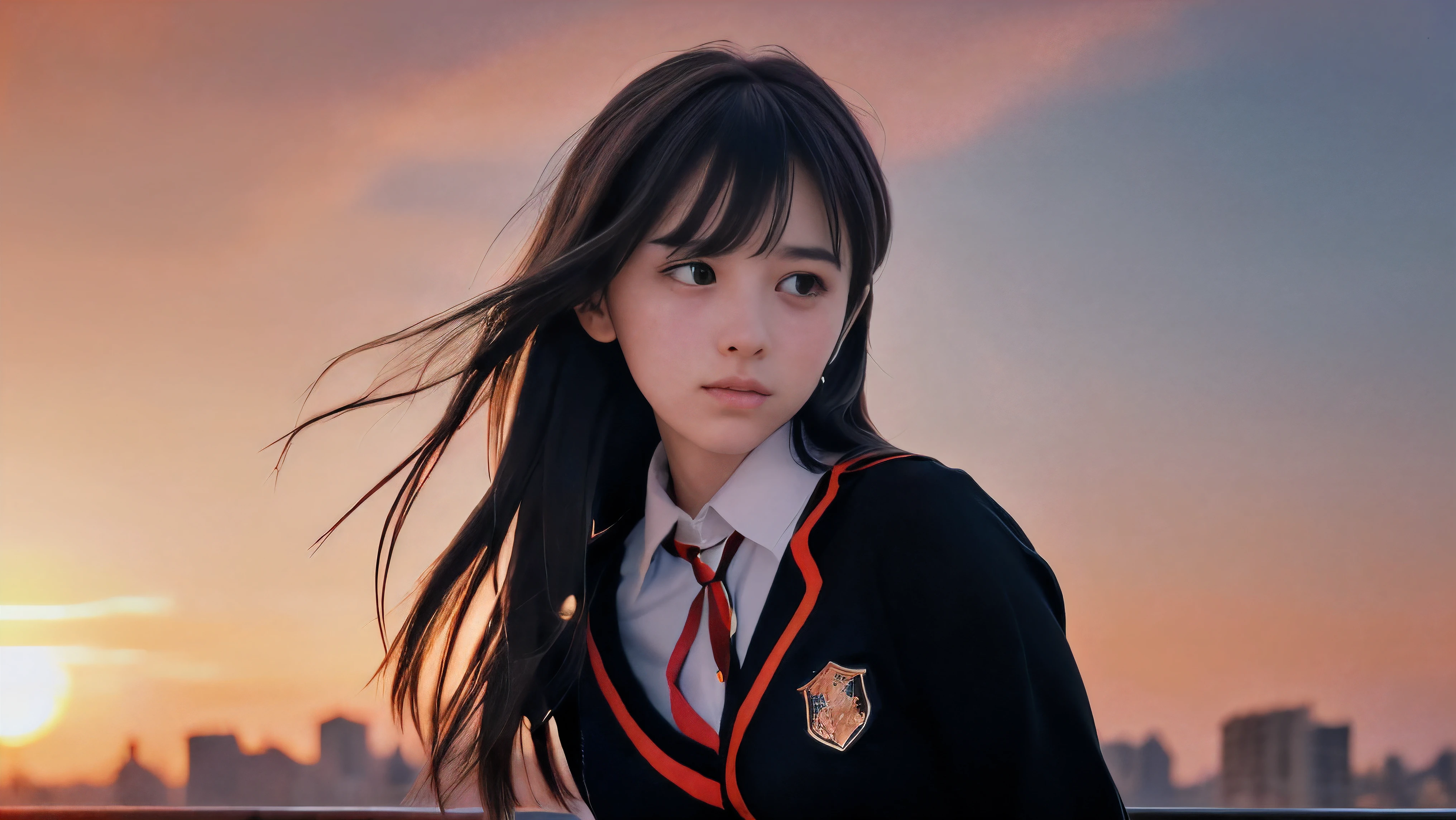 (Close up face shot of one slender small breasts two side up black medium hair bangs girl with crying face in long sleeves black school uniform:1.5)、(One girl is turn around at sunset red sky with her face is reflected sunset light and her hair is blowing in long sleeves black school uniform:1.5)、(Beautiful red sunset sky at skyscraper city landscape:1.5)、(8k ultra detailed master piece:1.5)、(perfect anatomy:1.5)、(Photorealistic stick:1.5)、(Raw photo:1.3)、(highest quality:1.5)、(High resolution:1.3)、(Delicate and beautiful perfect face:1.3)、(Delicate and beautiful eye air skin:1.3)、(Real Human Skin:1.3)、((thin legs))
