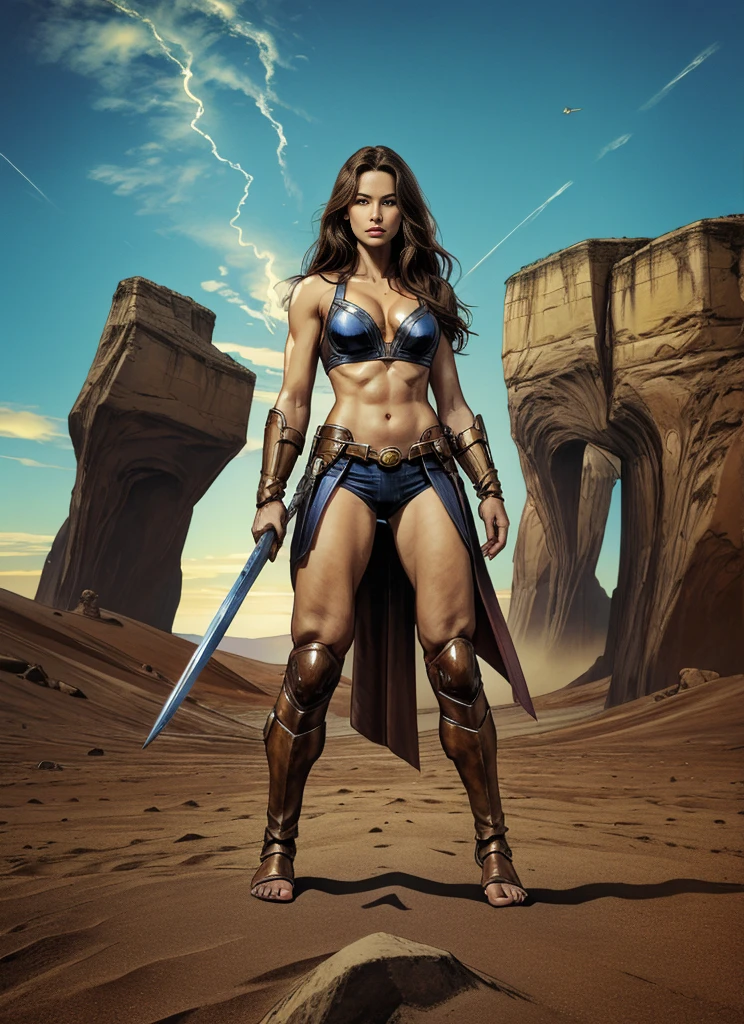 ((Full body photo, standing, feet on the ground)) Alison Tyler as a Asgard valkyrie，blue eyes, long brown hair, perfect body, Senhora Cavaleiro，Anatomia correta，holding a magical big sword, epic fantasy digital art, masterpiece，8k，high-definition resolution，desenho detalhado，Qualidade Superior，, Epic composition