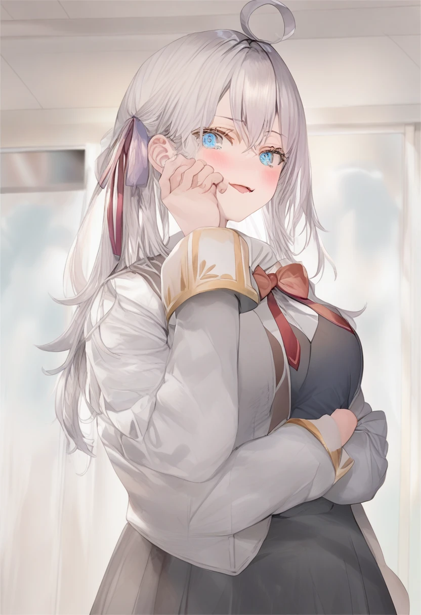1 girl, Alisa mikhailovna kujou,Tomorrow, my friend, Arya-san, will be visiting Russia.,Alone, by the wide, Eyebrows visible through hair., hair between the eyes, silver hair, hair band, blue eyes, medium breasts, ,white tights,The Great Passage, long sleeves, jacket, ceiling, portrait, looking at the viewer, Serious, corridor, open mouth, Best Quality, very aesthetic, absurdities