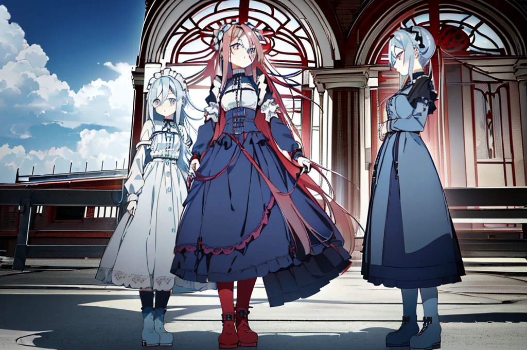 ((split-color hair , red hair , light blue hair)),[(cathedral background:1.4)::5],original,(illustration:1.1),(best quality),(masterpiece:1.1),(extremely detailed CG unity 8k wallpaper:1.1), (colorful:0.9),(mid shot:0.95),(full body:1.5),Dynamic angle,(solo:1.2), (girl),((adult)), (detailed beautiful eyes:1.15), (beautiful face:1.15), (glowing red eyes:1.25////),((medium hair)),((split-color hair , red hair , light blue hair)),(high twintails),(chignon),(+perfect hand+:1.21),(Draw an illustration of a gothic girl),(Religious),(slender),(is wearing boots on her feet),((is wearing white maid clothes)),(furious), Lace Off-shoulder lolita fashion,beautiful slender woman,high twintails,full body,mini skirt,((split-color hair , red hair , light blue hair)),((black long boots)),((mini skirt)),((adult)),((dynamic angle)),((split-color hair , red hair , light blue hair)),((split-color hair , red hair , light blue hair)),((black long boots)),((black long boots)),((split-color hair , red hair , light blue hair)),((split-color hair , red hair , light blue hair)),