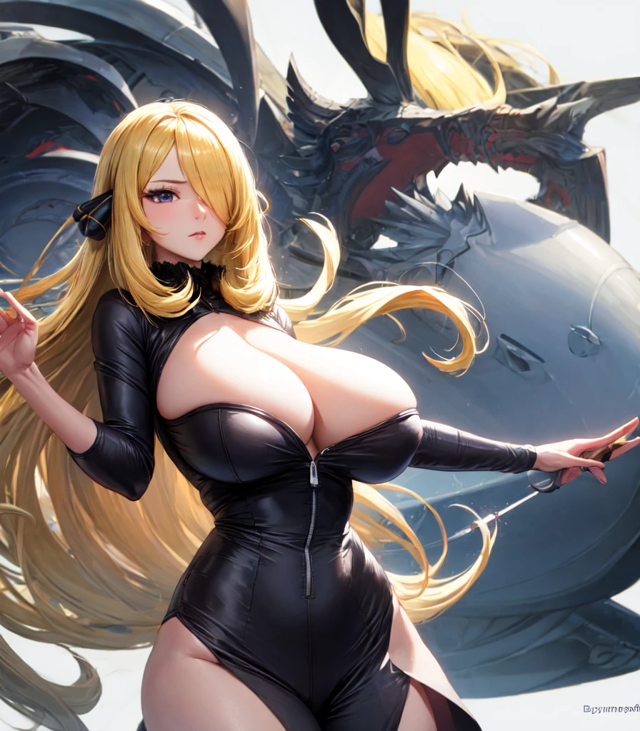 alone、Hair on one eye、Big Breasts,Cynthia,Blonde,No text,White background