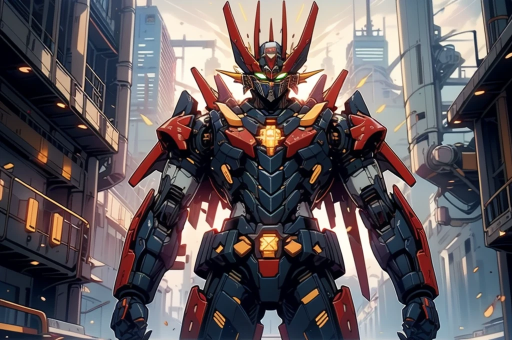 A man wearing a full-face helmet, a fantasy-style biotech armored combat suit, green eyes, (a composite layered chest armor), fully enclosed shoulder guards, matching arm and leg guards, the belt is adorned with Z mark, (the color scheme is primarily white with red and blue accents), the design balances heavy with agility, a high-tech bio-mecha armor, (Armor Concept Inspired by Mazinger Z, stand on the top of a skyscraper in a futuristic sci-fi city), this character embodies a finely crafted fantasy-surreal style armored hero in anime style, exquisite and mature manga art style, (battle damage, element, plasma, energy, the armor glows), ((male:1.5)), metallic, real texture material, dramatic, high definition, best quality, highres, ultra-detailed, ultra-fine painting, extremely delicate, professional, perfect body proportions, golden ratio, anatomically correct, symmetrical face, extremely detailed eyes and face, high quality eyes, creativity, RAW photo, UHD, 32k, Natural light, cinematic lighting, masterpiece-anatomy-perfect, masterpiece:1.5