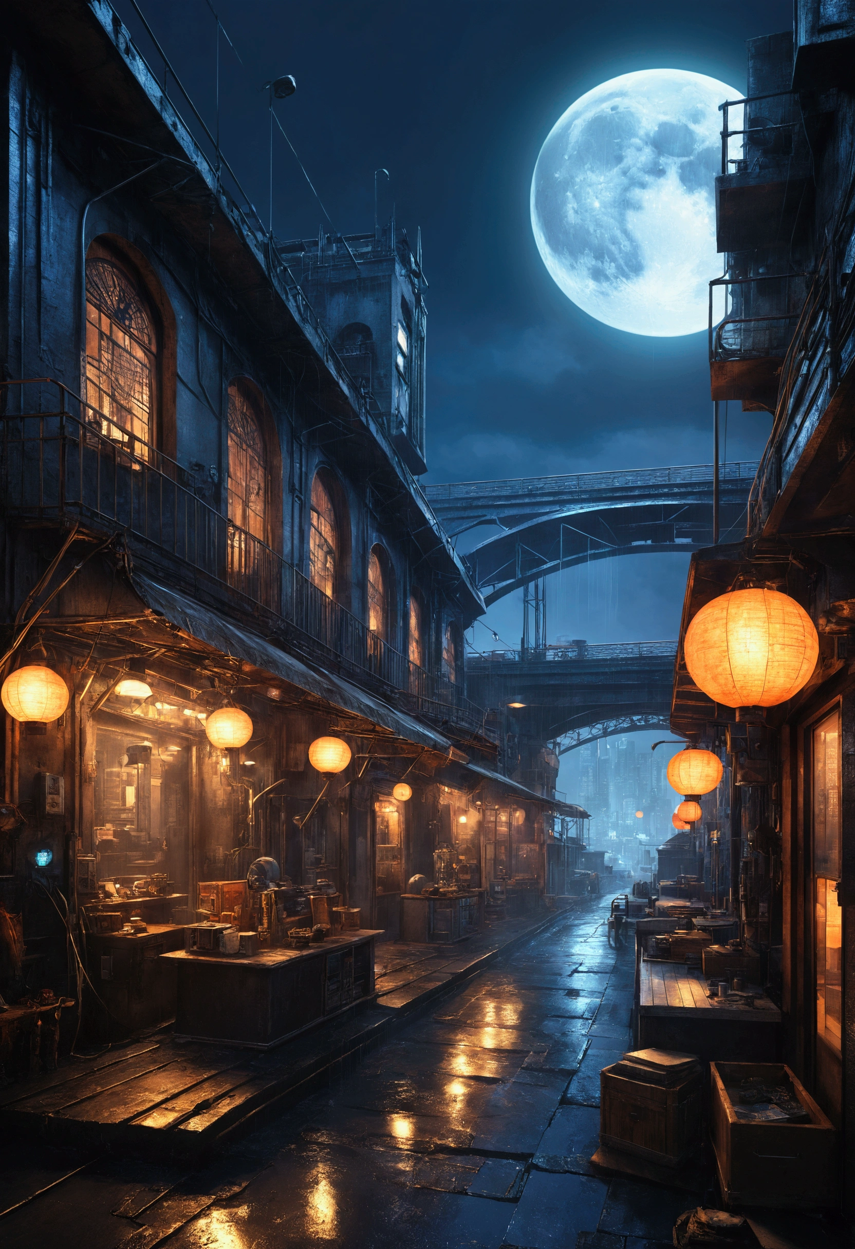 ((masterpiece)),((Highest quality)),((detailsまでこだわった)),((reality的,)) Industrial City, moon, Architecture Street, Bazaar, bridge, rainの日, steampunk, mysterious,Futuristic street, Cyberpunk atmosphere,neon,Real,reality,detailsまでReal,details,rain
