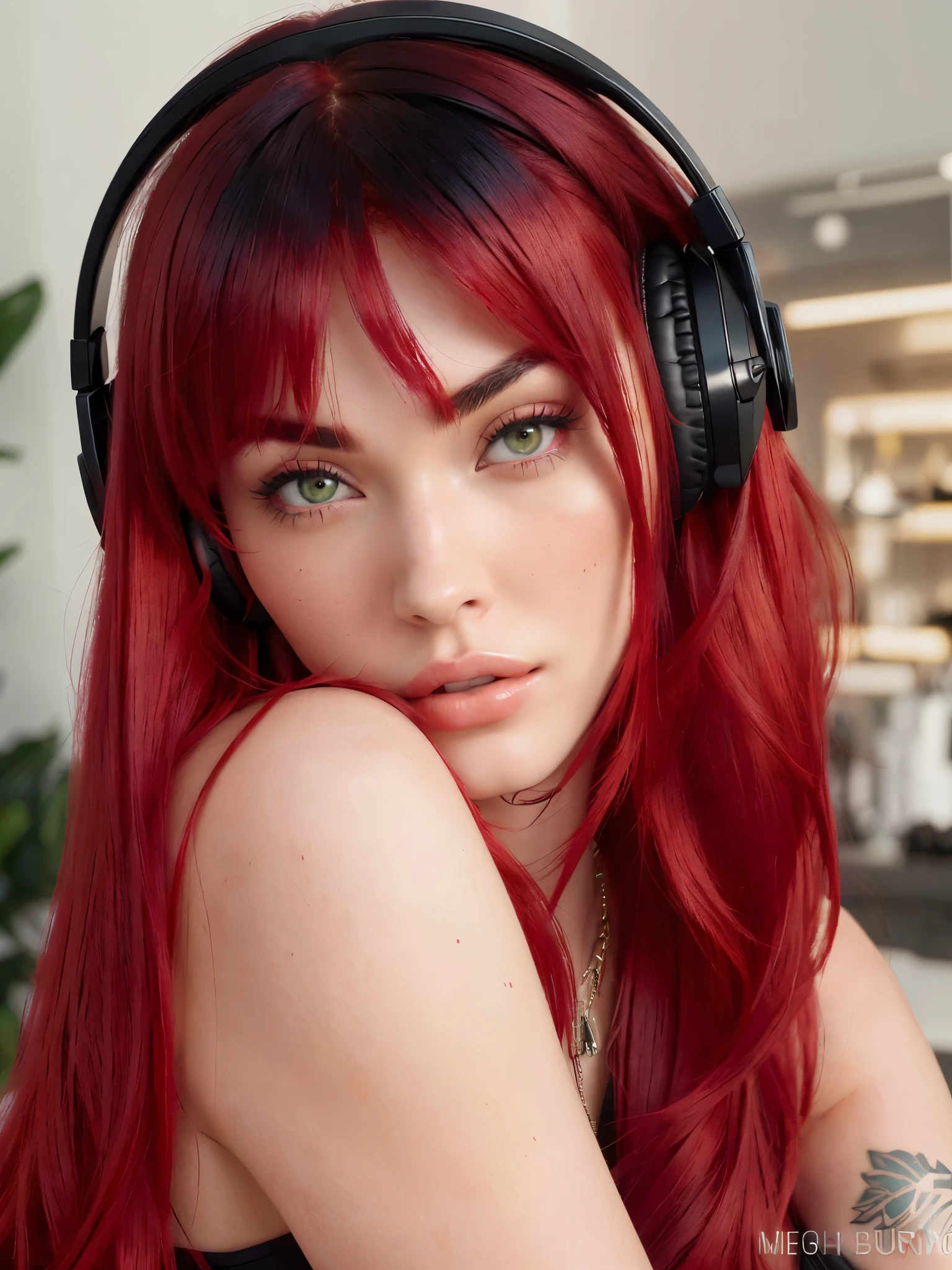 Close-up of a woman with headphones on her head, crimson red hair and red eyes, dyed red hair, Red and black tones, pelo bright red, black and red hair, pelo bright red, red crimson crimson hair, red wig, crimson hair, beautiful dolphin, Black and red tones, bright red, vibrant red hair, strong red tone, red headphones, high resolution, high quality, 4k, Details, by Madison Beer, megan fox, Madison Beer, By megan fox 