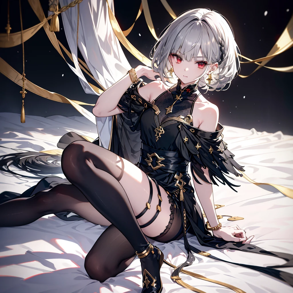 8k,High resolution RAW color art,Anime Art,Silver Marble Skin, (((Very detailed and cool))), Detailed skin, Bokeh、texture,(Exquisitely crafted, The finer details, Ultra-detailed art), (((1 girl))), Depth of written boundary, Silky Touch, Hyper Detail, (((Cool face))), eye shadow, Beautiful detailed red eyes, Beautiful lip detail, Highly detailed face, Delicate depiction of hair and eyes, Detailed Fashion, Golden Earrings,Full body depiction, Black half top、(((Shoulder Bare)))、Black shorts、Waist Cloak、black tights、Golden decoration, Light gray hair, Golden bracelet, Straight Hair、Short Hair、(((Hair)))、Simple Background、White Background、Black theme、snow、Side view、look down、cloth、Clear face、bed、fluffy、Stand on one leg
、sitting