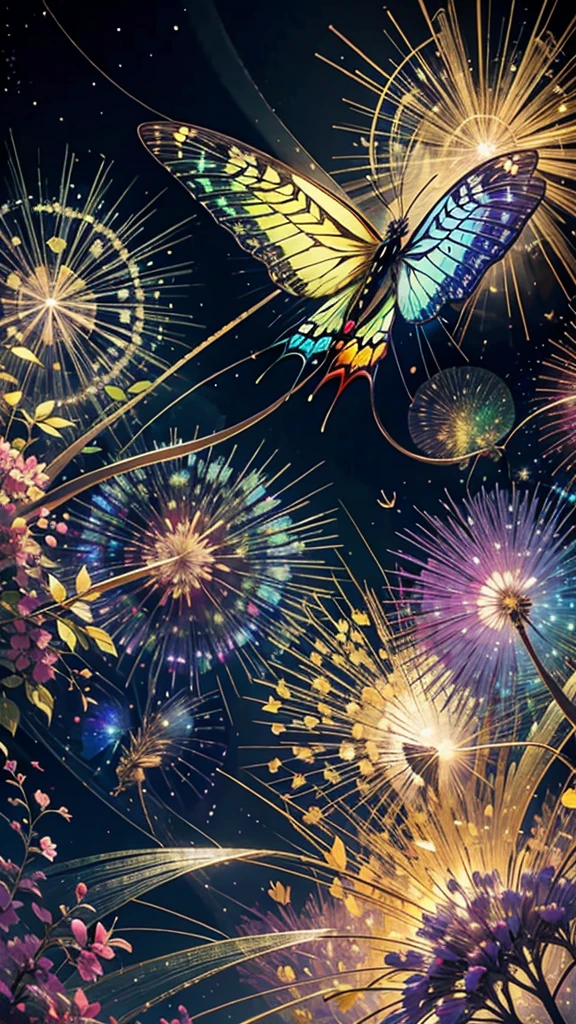 Swallowtail butterfly、Surrounded by butterflieysterious Landscape、firework、firework大会、Rainbow colorsのfireworkが打ちあがっている瞬間、夜nullとともに、Cyberpunk Mountain、サイバーパンクな景色で壮大なfirework、future都市、Highest quality、masterpiece, (Diffuse reflection of light:1.2), When the fantastic rainbow turns into shadow, bathed in a mystical atmosphere.Swallowtail butterflyたちも見ています、 dance, Cast magic spells. evoke a sense of wonder and awe. A fusion of natural grandeur and magic, Weaving dreams into reality. Behold, null, And the unknown, Fleeting、And an eternal moment, 16K, Ultra-high resolution.Realistic, Ultra-high resolution, to be born,future、Rainbow colorsに光り輝く、Rainbow colors、The world 30 years from now。