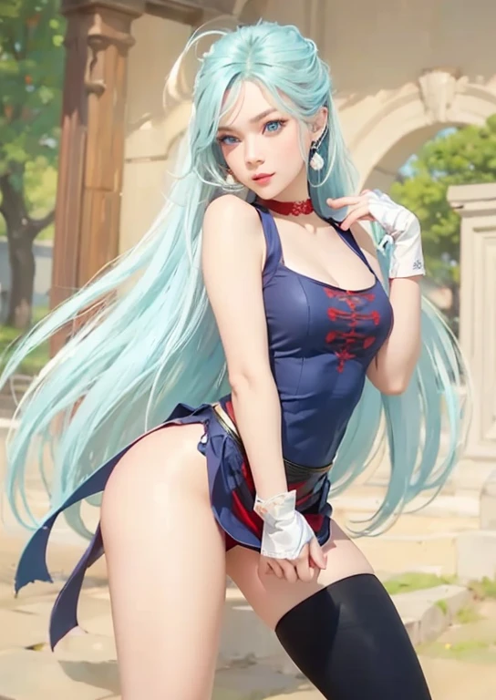 work of art, best qualityer, highest quallity, photorrealistic, Perfect Anatomia, face perfect, perfects eyes,
aqua hair, brabulladbgt, red hair band, red gloves, Red crop top, blue colored eyes, overskirt, hoop earings, choker, 1 girl, plein-air, pose sexy,glove on hands