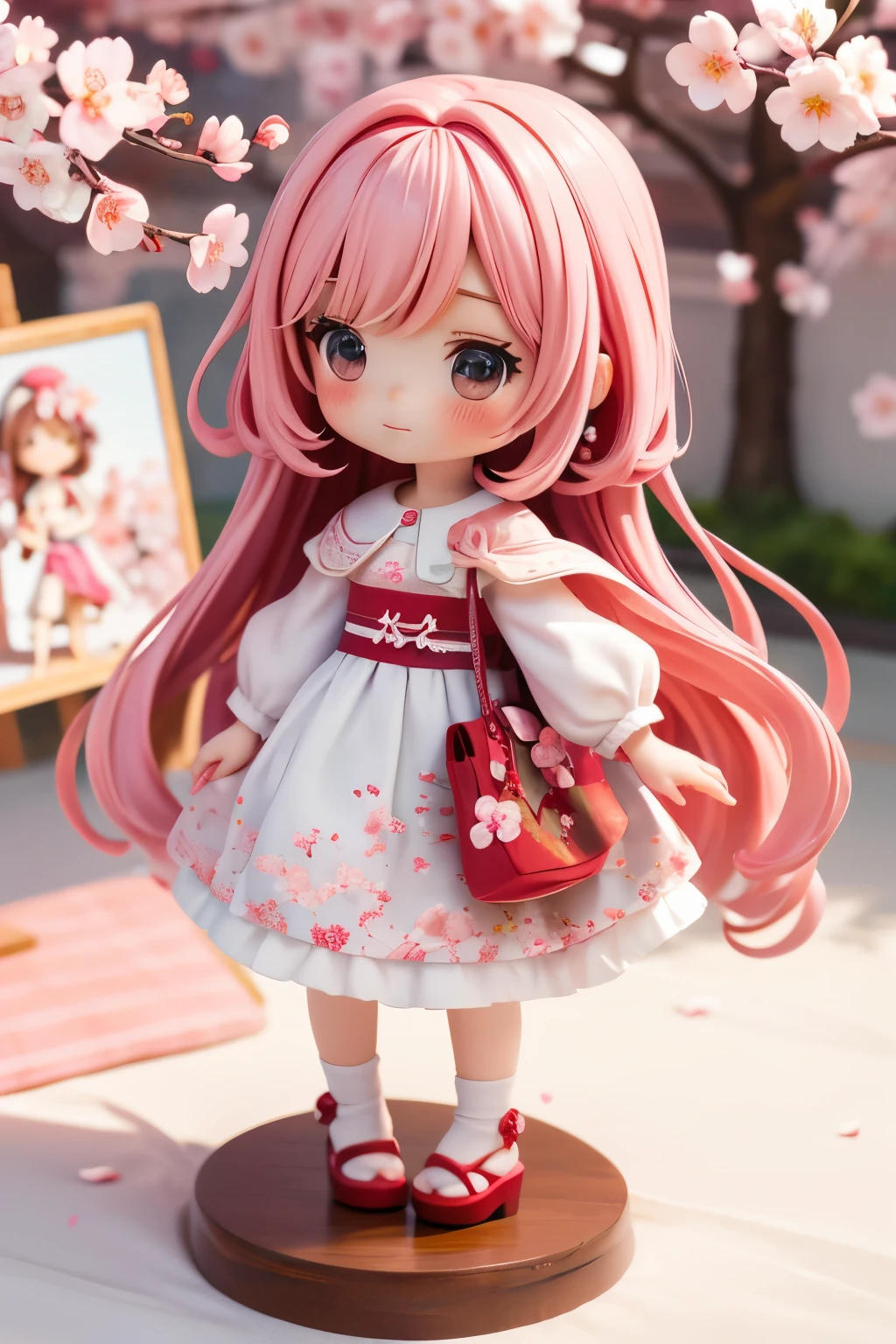 Chibi girl doll standing in front of a painting、Casual Fashion、(Highly detailed illustration)、Flowing cherry-colored silk、Cherry blossom petals、Flowing cherry blossom silk、Strong bokeh、Changing Seasons!!