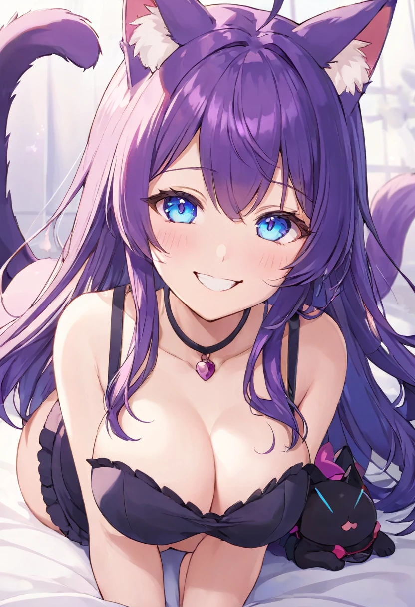 1girl, Blue eyes, Long Hair, Bangs, Purple Hair, Breasts, Smile, Blush, Light Smile, cat ears, purple cat tail
