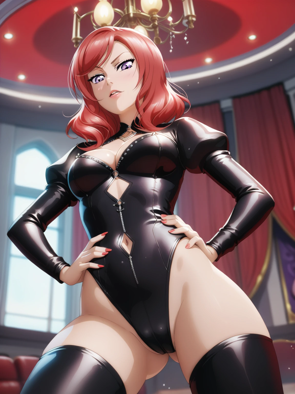 masterpiece, best quality, cowboy shot, from below,nishikino maki,red hair, purple eyes, black leather leotard, halter neck, cleavage cutout, (red lipstick:0.4), Sexual seduction, sexualised, hand on hip , thighhighs , mistress ,pov
