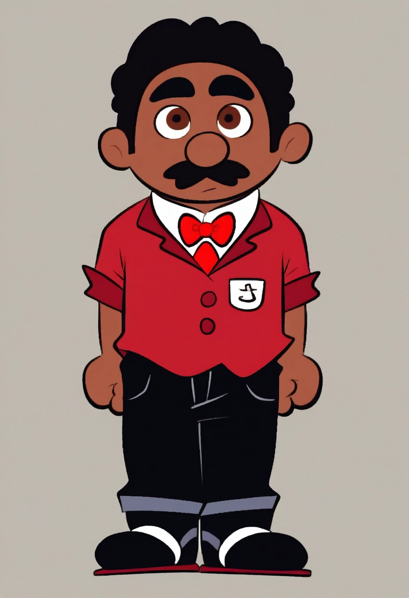 bitterman_carlito, dark skin, bowtie, red bow, red suit, white shirt underneath suit, long sleeve. hispanic, black mustache, standing, thick eyebrows, 1boy, solo, full body, shorts, black shorts, black shoes, black hair, brown eyes. simple background, amanditas4_style,