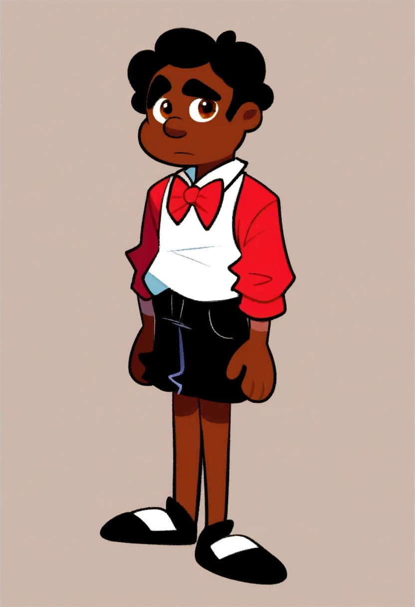 bitterman_carlito, dark skin, bowtie, red bow, red suit, white shirt underneath suit, long sleeve. hispanic, black mustache, standing, thick eyebrows, 1boy, solo, full body, shorts, black shorts, black shoes, black hair, brown eyes. simple background, amanditas4_style,