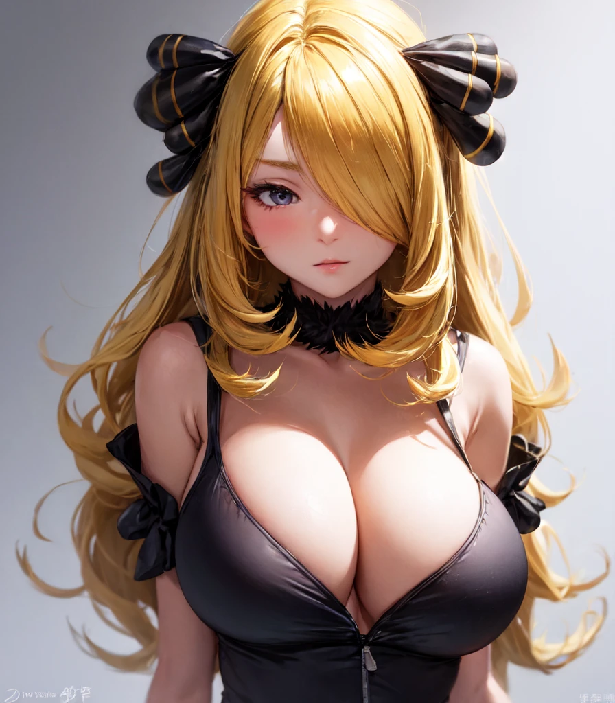 alone、Hair on one eye、Big Breasts,Cynthia,Blonde,No text,White background