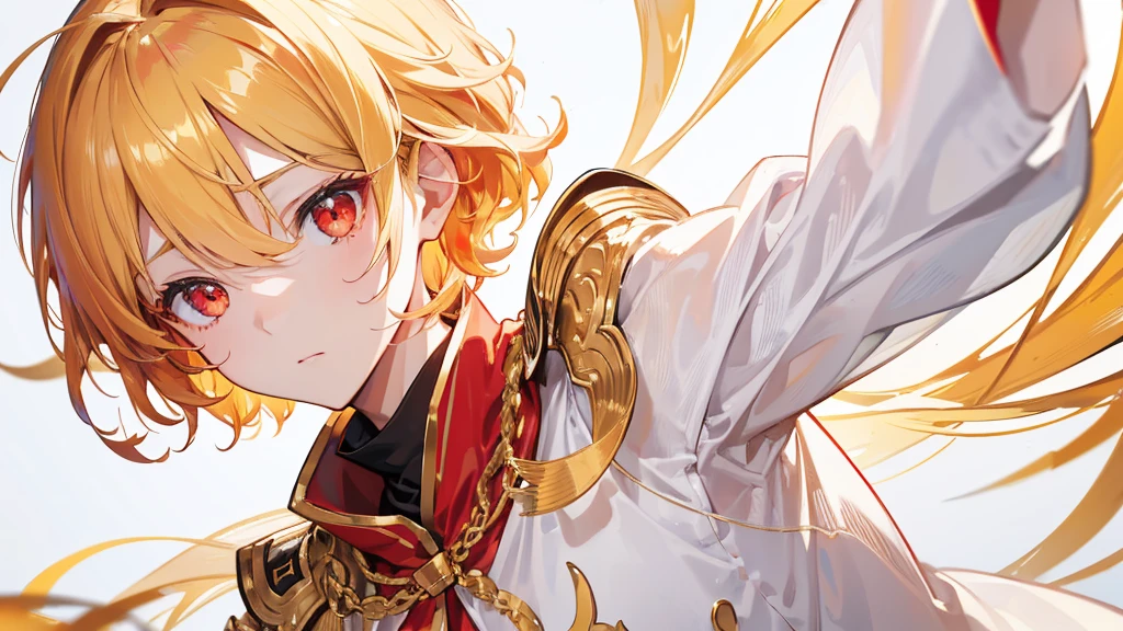 (Highest quality) (4K) (8k) (High resolution) (masterpiece:1.2) (Super detailed) One boy short hair emperor Red eyes Long sleeve Golden decoration Hair between the eyes White Dress Wavy golden hair Upper Body (White Background) front Face close-up