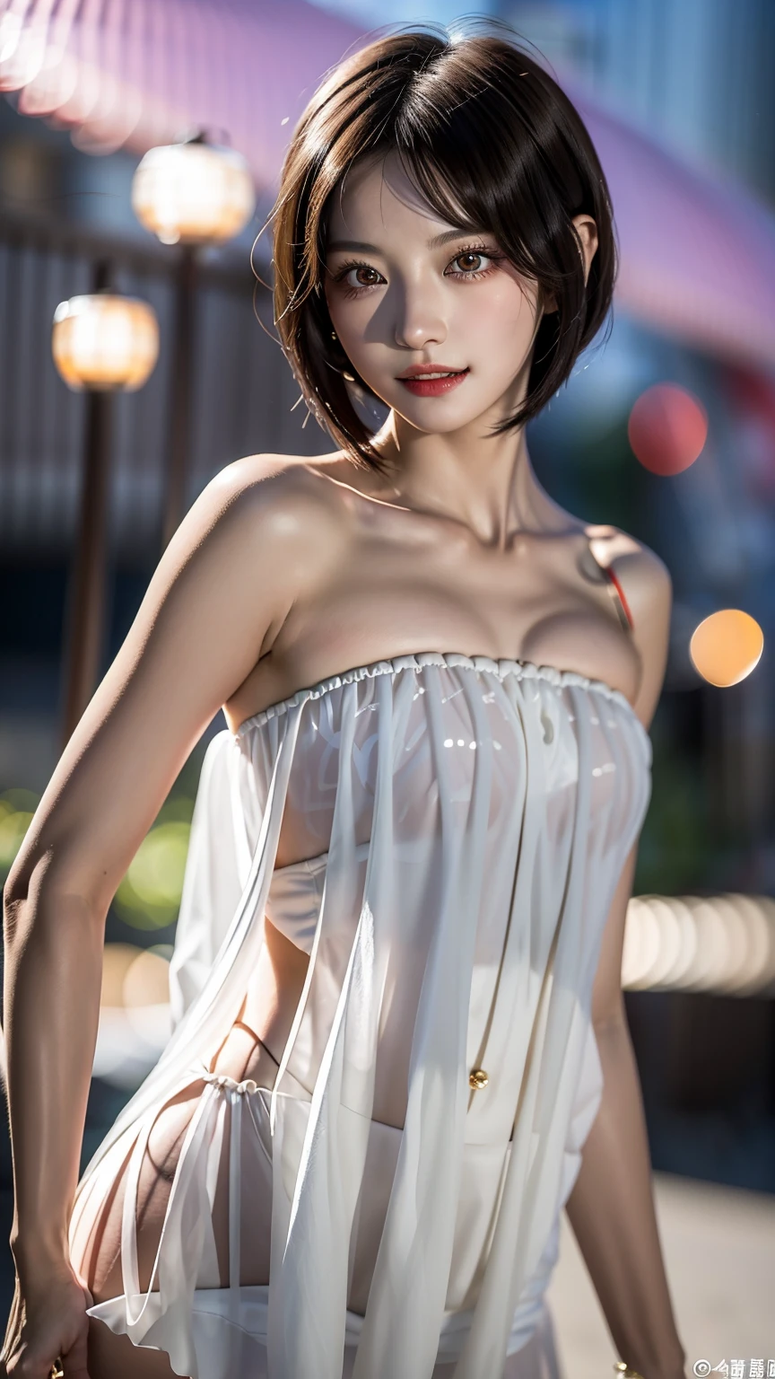 masterpiece, beautiful girl, Brown eyes、A beautiful, goddess-like smile、((Lighting the face:1.5)、((No underwear:1.9))、Exposed armpits:1.4、detailed, Beautiful Eyes, (Wear a revealing, thin, transparent, strapless camisole:1.7)、(Brown short bob cut:1.5)、highest quality, 超A high resolution, (reality: 1.4), Original photo, One Girl, Cinema Lighting, (Laughter:0.6), Japanese, Asian Beauty, Korean, Proper, Truly beautiful, A slightly younger face, Beautiful skins,Orange Hair、 slim and small breasts, Wear a strapless camisole that flatters your figure:1.6、Night view background, (Ultra-realistic), (Raise awareness), (High resolution), (8k), (Very detailed), (The best Raise awarenessns), (Beautiful and detailed eyes), (Super detailed), (wallpaper), (Detailed face), Looking at the audience, Detailed, Detailed face、Deep Shadow、Inconspicuous、Pure erotic face ace_v1、46 point diagonal bangs、Look straight ahead、I can see her small breasts, Flat Chest、Brown eyes、