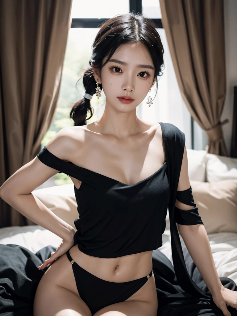 absurdres, RAW photo, extremely delicate and beautiful, masterpiece, Best Quality, ultra high resolution, 32k, hyperrealistic, ultra-detailed, perfect figure, Perfect Style, Perfect balance, in her 20s, very small head, very small face, delicate facial features, tearful mole, earring, very huge breasts, bare legs, full body shot, medium hair, black hair, jiangshi, bare shoulders, collarbone,