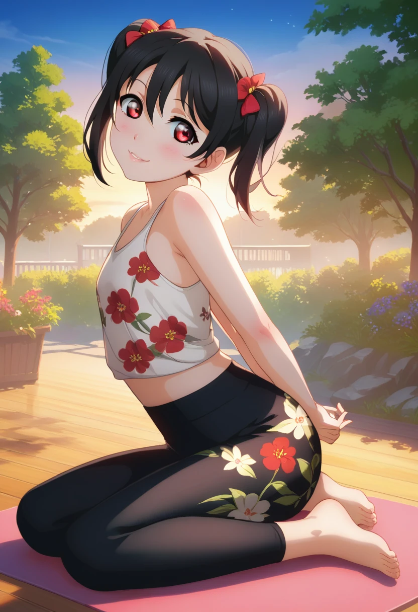 masterpiece, best quality,yazawa nico, black hair, short hair twintails, red eyes, small breast, clavicle, volumetric lighting, illustration, beautiful, tight , Blushing, breasts, looking at viewer, flowers printed tank top, yoga pants,solo, curvy body,floral print, looking to the side, confident, seductive smile, (arms behind back, head tilt:1.1),(breathtaking scenery:1.1), tree, blushing full body shot