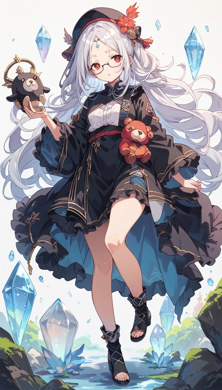 score_9, score_8_up, score_7_up, source_アニメ, full body, woman, Crystal on forehead, Silver Hair, White skin, Red Eyes, Black Robe, Black Hat, Black-rimmed glasses, Carrying a stuffed toy on his back, Lantern in hand, Frightened expression, Downcast, (simple background:1.3)