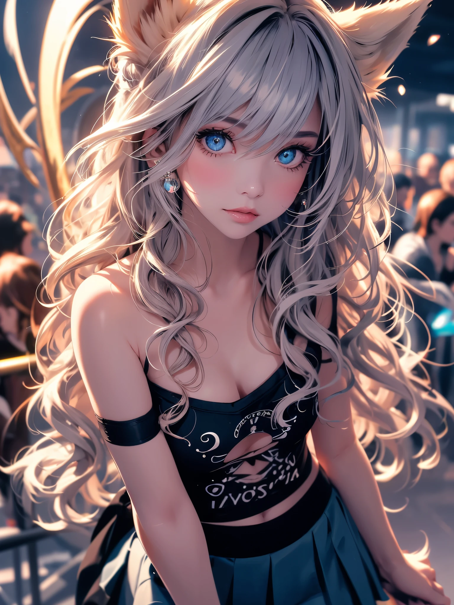 work of art, best qualityer, wolf girl, chic, 1 girl, wolf's ears, wolf tail, cute, corou, looking ahead at viewer, From  above, Wavy blonde hair, mini-skirt, white and black striped t-shirt, blue colored eyes, gorgeous eyes, beautiful background, light particles, Sun'rays, dramatic lighting, out, Ablaze, realisitic, work of art, best qualityer, ultra-detailded, detailded, Scenario, beautiful detailded eyes, detailded hair