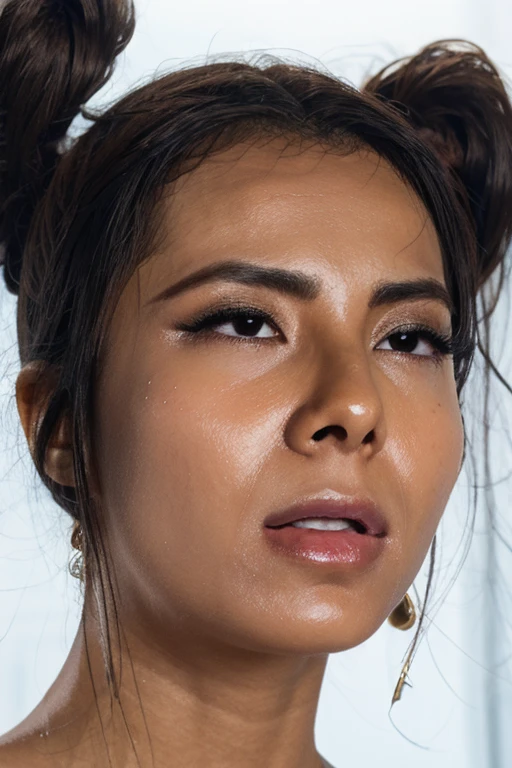 Tabletop,Award-winning photo, Very detailed, Edge Orgasm, Woman with open mouth and closed eyes , Skin shiny with sweat、Face Focus、From below、Lighting that highlights shiny sweat{{{Edge Orgasm }}}, Black-haired、Browsing Caution、