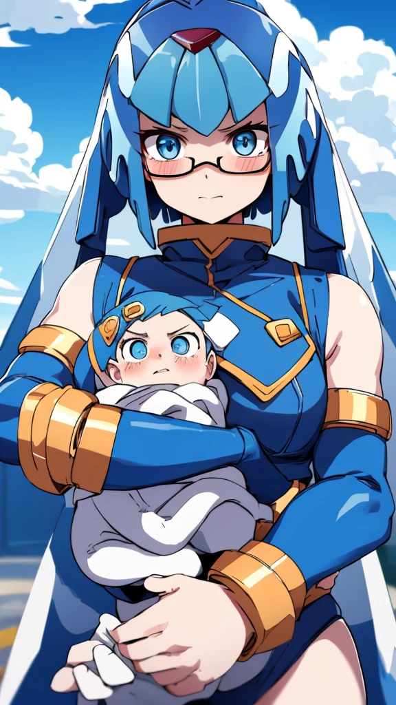 Leviathan_Megamanz, 1 Girl ,Looking at the viewer , blue hair, Blue eyes,Clouds background , Blushed, Wedding ring, Glasses, Holding a baby girl in hands,