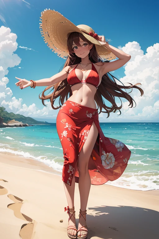 ((masterpiece, best quality, ultra-detailed)), 1girl, beautiful woman on the beach stretching her arms and smiling, blush, wearing red bra and maxi pencil skirt, necklace, sandals, sun hat, full body, long brown hair, messy hair, summer, beach, ocean waves