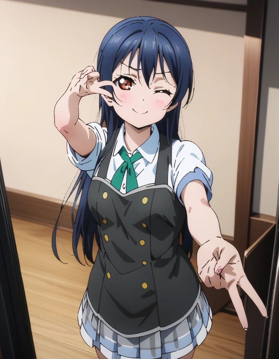 masterpiece, best quality, ultra detailed, highres,4k,(ultra-detailed:1.4) (illustration:0.5), (ray tracing,:0.8),(anime colored:0.7),(ai-generated:0.5), (anime screencap:0.8),
1girl,solo,
sonoda umi, love live!
smile,one eye closed,
gyaruv,
v,