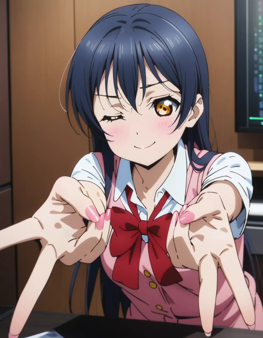 masterpiece, best quality, ultra detailed, highres,4k,(ultra-detailed:1.4) (illustration:0.5), (ray tracing,:0.8),(anime colored:0.7),(ai-generated:0.5), (anime screencap:0.8),
1girl,solo,
sonoda umi, love live!
smile,one eye closed,
gyaruv,
v,