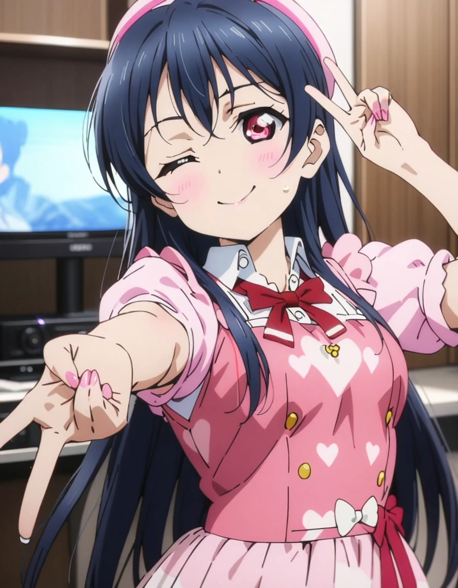 masterpiece, best quality, ultra detailed, highres,4k,(ultra-detailed:1.4) (illustration:0.5), (ray tracing,:0.8),(anime colored:0.7),(ai-generated:0.5), (anime screencap:0.8),
1girl,solo,
sonoda umi, love live!
smile,one eye closed,
gyaruv,
v,