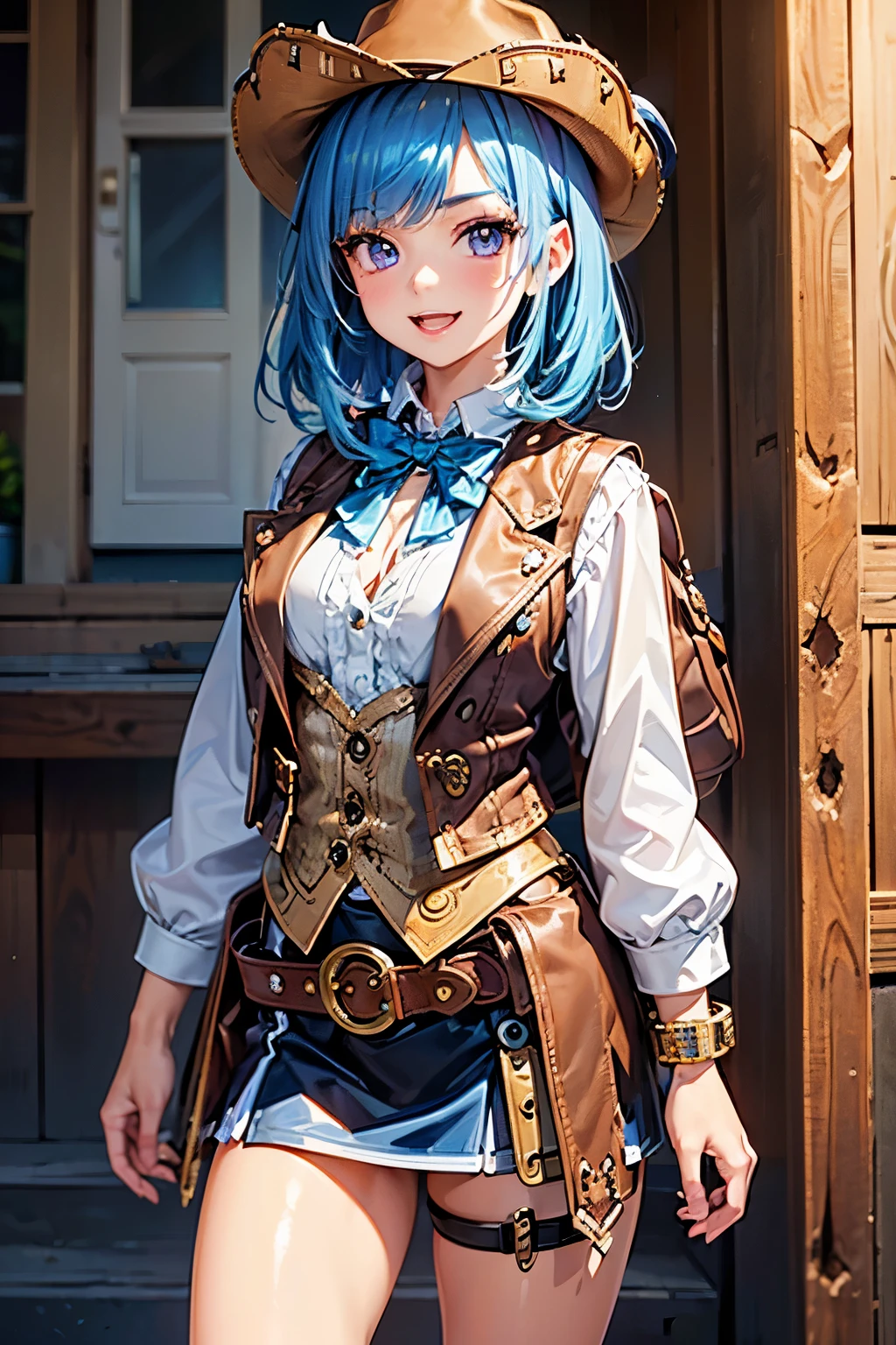 best quality, (masterpiece:1.3), absurdres, highres,16k, ultra high res, official art, illustration,extremely detailed, 1girl, solo, full body, 20yo, 
delicate lines tailed face, (medium hair:1.9), (side swept bangs:1.7), (beautiful (aquamarine blue) hair:1.2), (shiny hair:1.2), (beautiful (light-purple) eyes:1.2), (shiny eyes:1.2), (medium breasts), (gleaming skin:1.4),

steampunk, ((steampunk background)), steampunk girl,
 (cowboy shot:1.5), standing, smile with open mouth,
steampunk (long sleeve, vest, miniskirt, belt, bracelet, leg belt, hat), (backpack on shoulder), (diamond brooch)
