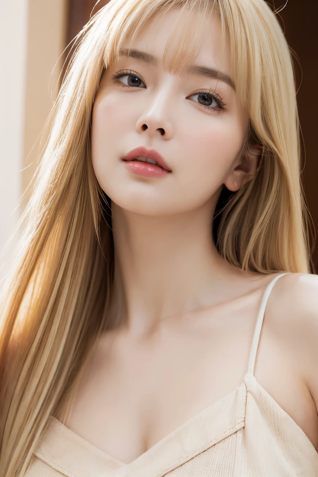 Upper Body, Mature Woman, elegant, Blonde, Long Hair, bangs, Casual clothing, Cleavage, 4K resolution, high quality, View from below, Low - Angle 