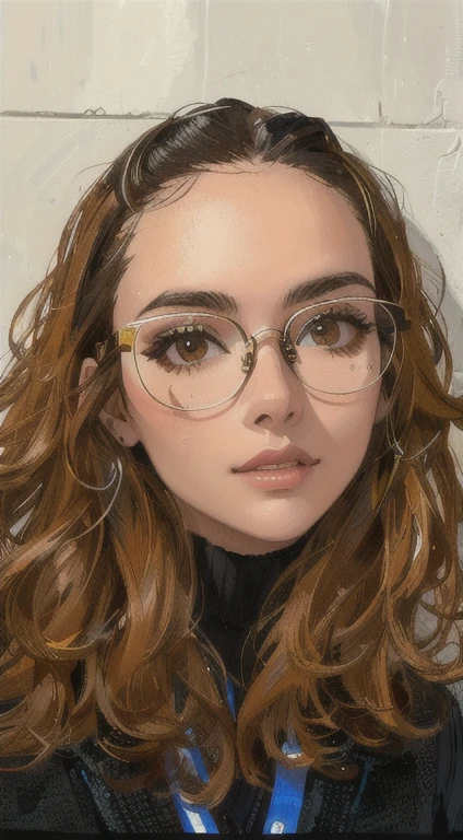 there is a woman com glasses and a coat posing for a picture, girl wearing glasses redondos, girl com glasses, high quality portrait, com glasses, usando glasses dourados, com glasses quadrados, wearing thin large glasses redondos, glasses, Hyperrealistic art style, wearing small glasses redondos, com glasses on, solo portrait 🎨🖌️, glasses redondos, wearing glasses redondos