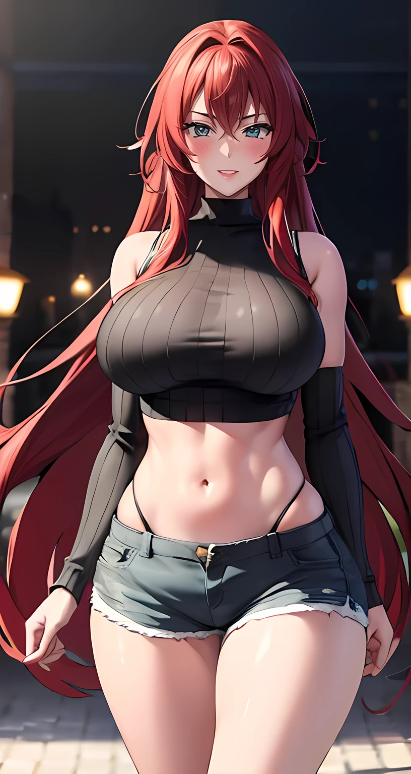 front view detailed body, long belly , Slender body, tight body , thicc, large , long thighs, masterpiece, long hair, very long hair, bangs, red hair, green eyes, 1girl, solo, rias gremory, looking at viewer, sweater , loose sweater, shorts sweater, navel, denim, short denim, hot pants, city background, night, outdoors, POV date, cowboy shot, front shot ,20yo,Young female,Beautiful Finger,Beautiful long legs,Beautiful body,Beautiful Nose,Beautiful character design, perfect eyes, perfect face,expressive eyes, looking at viewer,(full_body),(Focus on her face), official art,extremely detailed CG unity 8k wallpaper, perfect lighting,Colorful, Bright_Front_face_Lighting,shiny skin, (masterpiece:1.0),(best_quality:1.0), ultra high res,4K,ultra-detailed, photography, 8K, HDR, highres, absurdres:1.2, Kodak portra 400, film grain, blurry background, bokeh:1.2, lens flare, (vibrant_color:1.2) (Beautiful,large_Breast (beautiful_face:1.5),(narrow_waist),