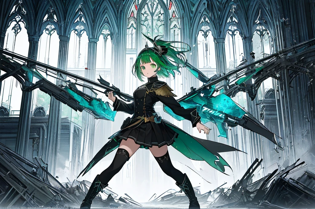 [(with a cathedral background:1.4)::5],original,(shape:1.1),(highest quality),(Tabletop:1.1),(Highly detailed CG Unity 8k wallpaper:1.1), (colorful:0.9),(Mid Shot:0.95),(very detailed beautiful whole body),Dynamic Angle,(alone:1.2), (girl),(((Adult))), (Beautiful eyes in every detail:1.15), (Beautiful Face:1.15), (Glowing green eyes:1.25////),(Gemstone Eyes),(Green Short Hair),(Blunt bangs),((The girl wear a black knight uniform)),Realistic,, girl,Green Hair,((Black long boots)), Black mini skirt,Black knee socks(rage),(Contempt and contempt),rage,(beautiful slender girl),((Adult)),((whole body)),Valkyrie, Decorations,((Thin legs)),((slender girl)),Front Angle,Front Angle,