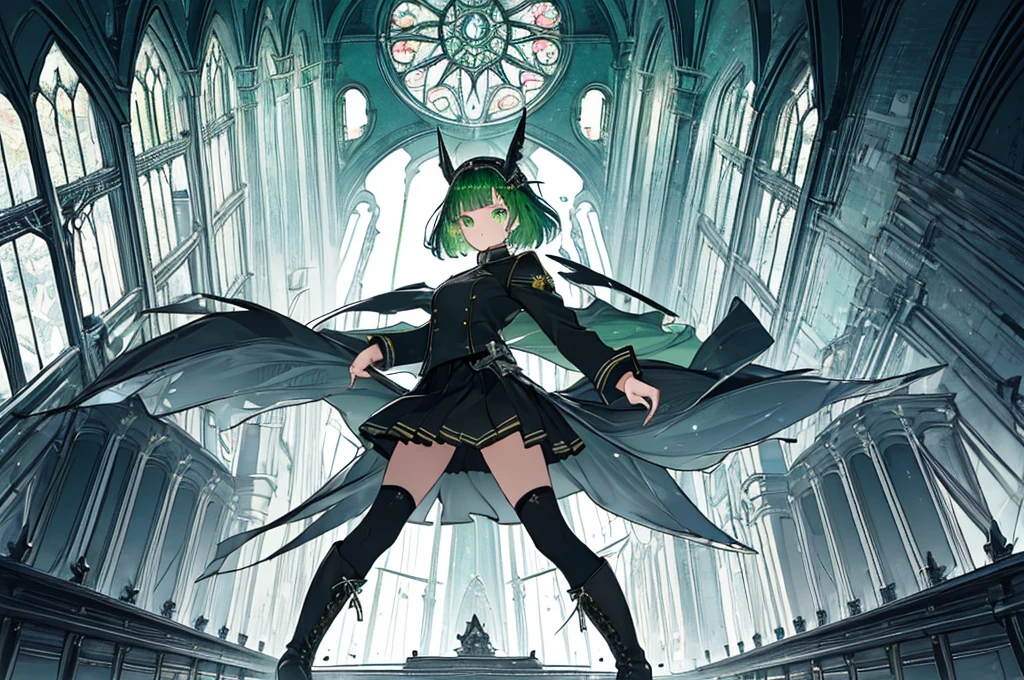 [(with a cathedral background:1.4)::5],original,(shape:1.1),(highest quality),(Tabletop:1.1),(Highly detailed CG Unity 8k wallpaper:1.1), (colorful:0.9),(Mid Shot:0.95),(very detailed beautiful whole body),Dynamic Angle,(alone:1.2), (girl),(((Adult))), (Beautiful eyes in every detail:1.15), (Beautiful Face:1.15), (Glowing green eyes:1.25////),(Gemstone Eyes),(Green Short Hair),(Blunt bangs),((The girl wear a black knight uniform)),Realistic,, girl,Green Hair,((Black long boots)), Black mini skirt,Black knee socks(rage),(Contempt and contempt),rage,(beautiful slender girl),((Adult)),((whole body)),Valkyrie, Decorations,((Thin legs)),((slender girl)),Front Angle,Front Angle,