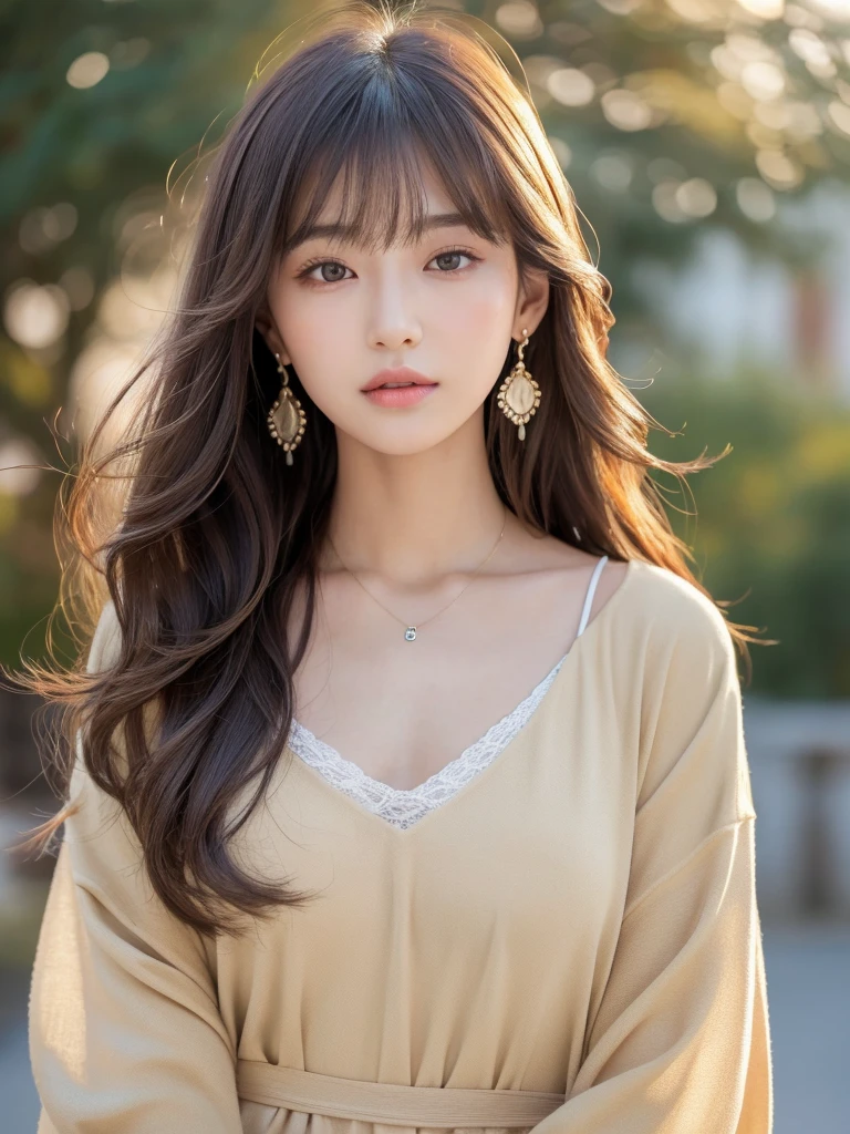  ((Highest quality, 8k, masterpiece:1.3)), concentrate: 1.2, Perfect body beauty: 1.4, Hips: 1.2, ((Long Hair, chest: 1.2)), (Dry clothes: 1.1) , (clear, Simple Background:1.3), Simple clothes: 1.1, Highly detailed face and skin texture,Delicate eyes, double eyelid, Whitened skin, Rough skin、Long Hair、Earrings with bangs、necklace、 solo、Beige coat、White shirt,  (((Beautiful girl with cute Japan)))、  ((Beautiful Japanese girl 20 years old))、 (())、 (((Slender body)))、  Upper Body，Face focus、necklace，Simple Background，From above， Realistic Hair、 A photograph was taken:Canon EOS R6、135mm、1/1250 seconds、f2.8、ISO400、(Detailed explanation of the hand)、(Masseter muscle area)、(Exquisite CG)、Long Hair, loose and curly hair、Korean Hair、Long Hair明るいベージュ色、グラデーションハイライトグレージュのゆるふわLong Hairスタイル、